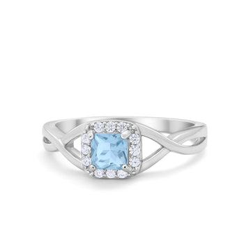 Solitaire Infinity Shank Ring Princess Cut Simulated Aquamarine CZ 925 Sterling Silver
